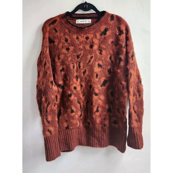 Zara Knit Rust Black  Round Neck Long Sleeve Ribbed Sweater Country Core Size S - Picture 1 of 5